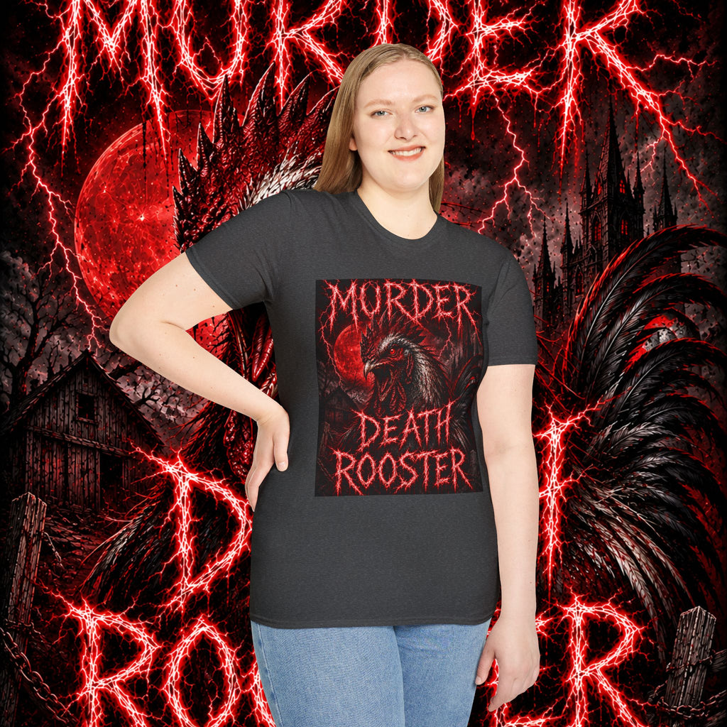 Death Rooster T-Shirt  Version 1— "Murder" Gothic Red Rooster Metal Band Tee