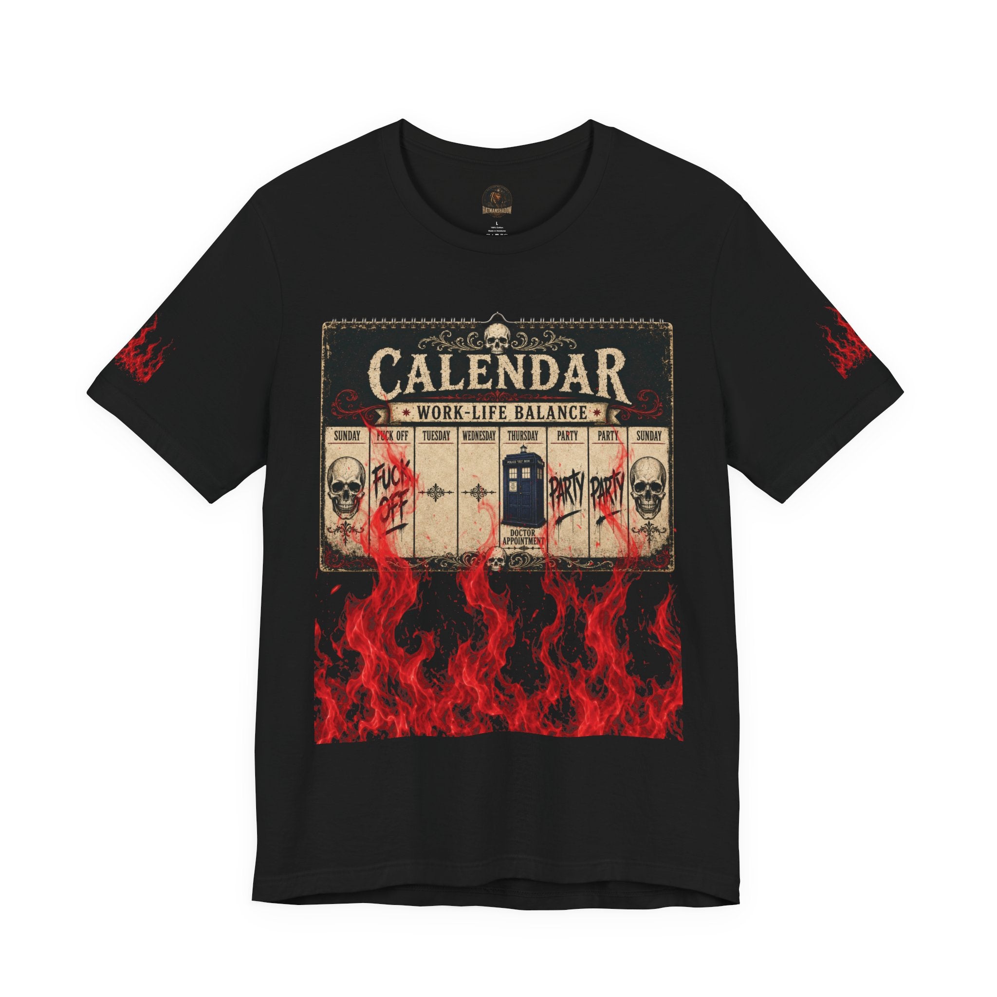 Work-Life Balance Calendar T-Shirt — Horror Skull Flames Graphic Tee