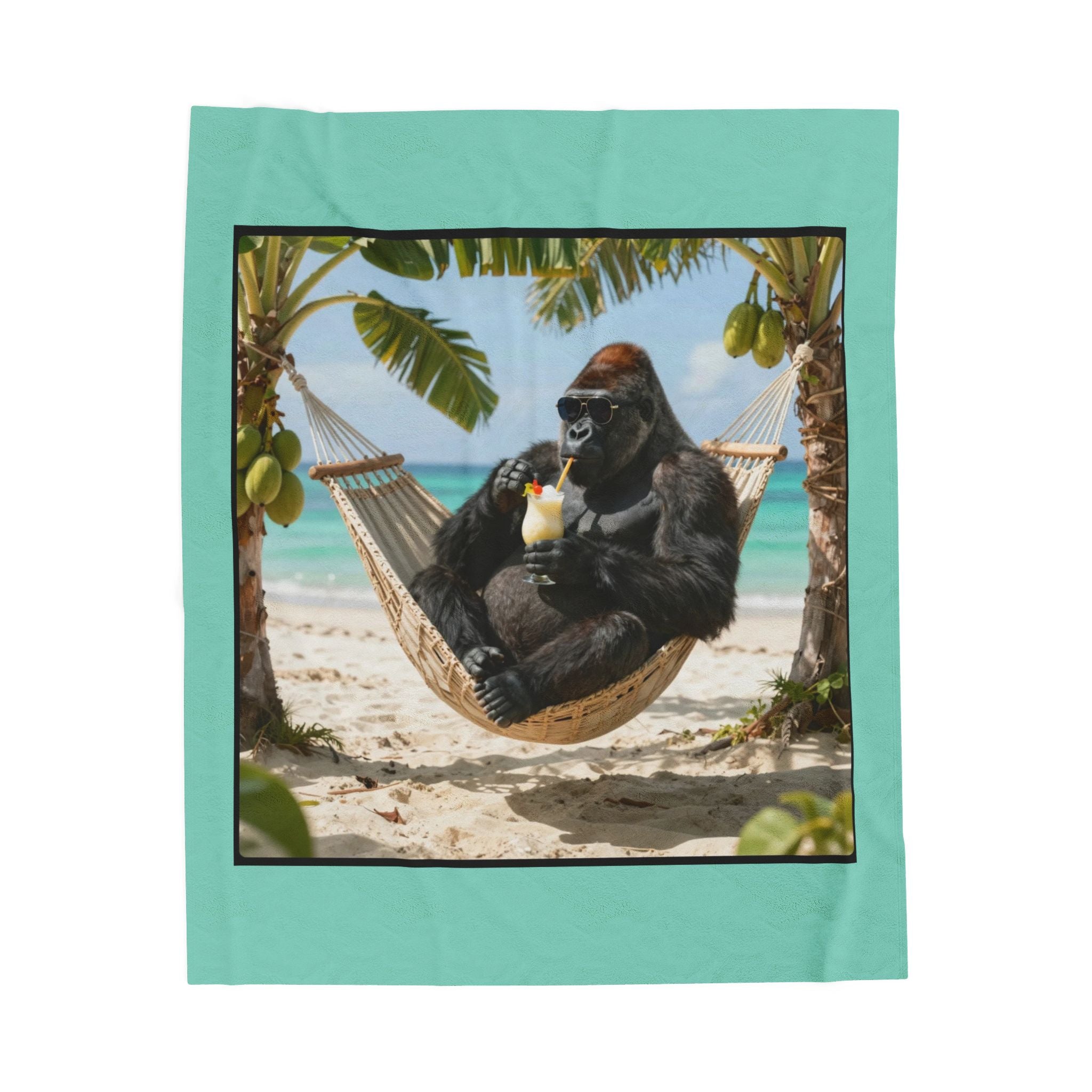 Tropical Gorilla Beach Plush Blanket – Velveteen Cozy Throw with Hammock Ape Design