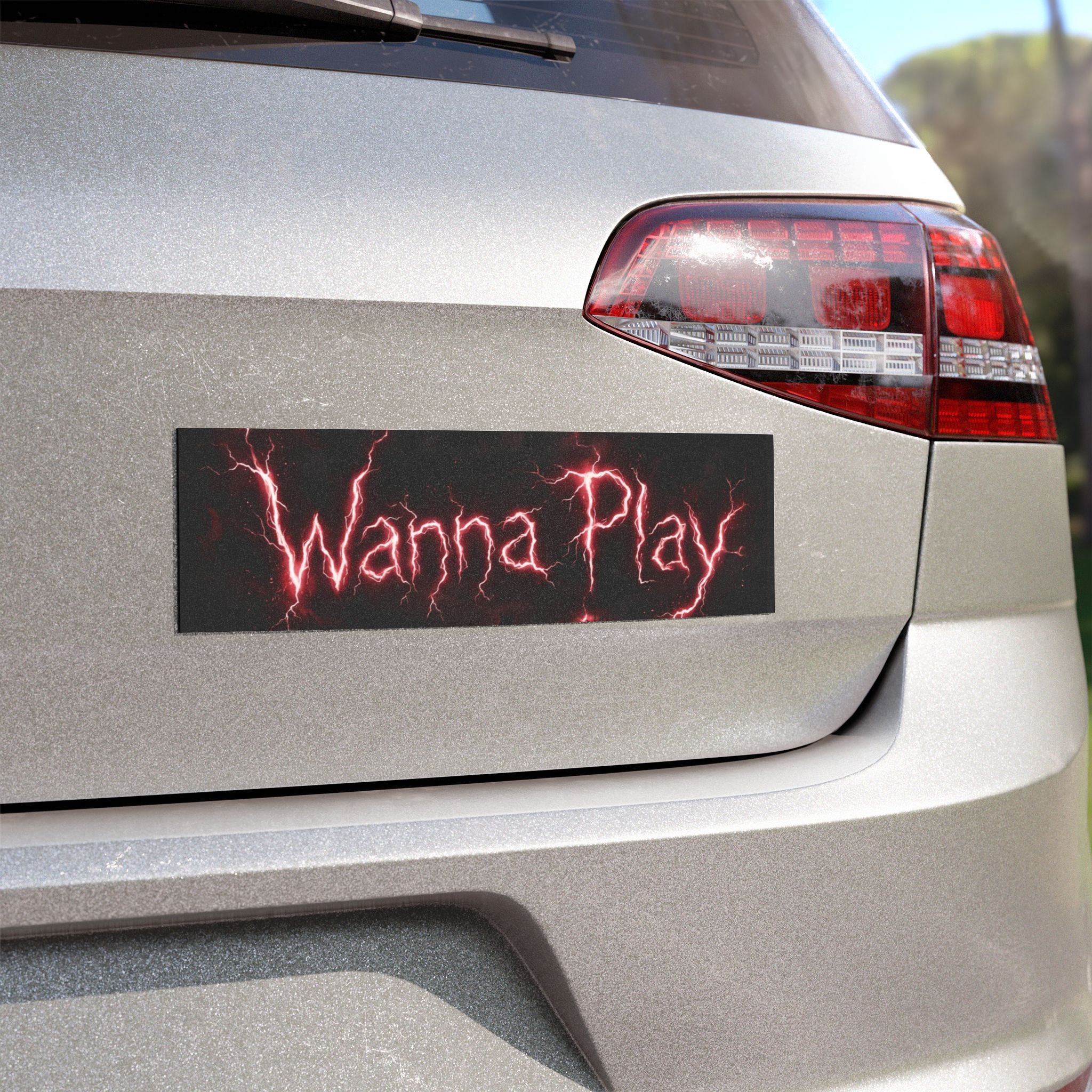 Wanna Play? Red Lightning Script Car Magnet — Gothic Horror Bumper Sticker