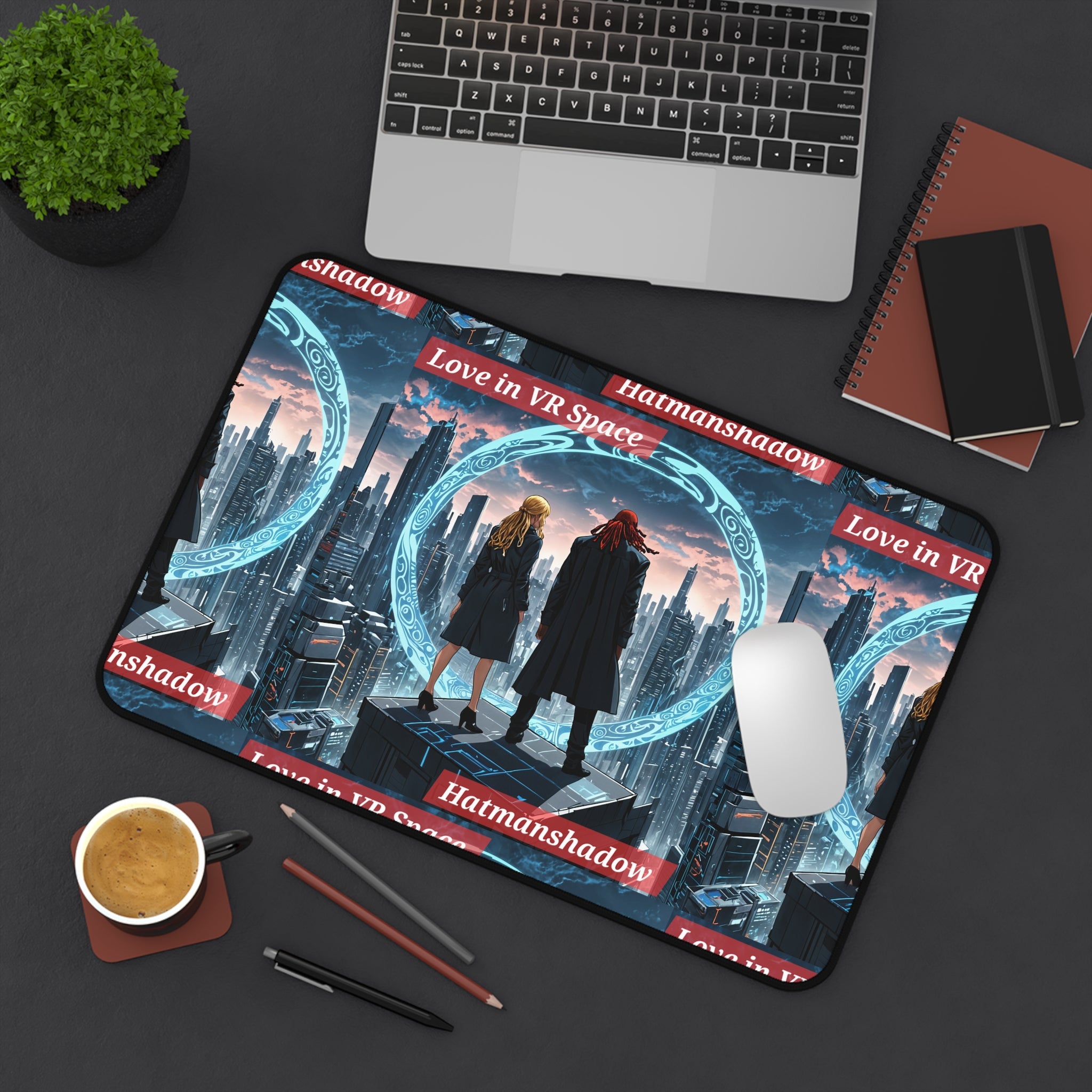 Love in VR Space Desk Mat — Cyberpunk Cityscape Mouse Pad