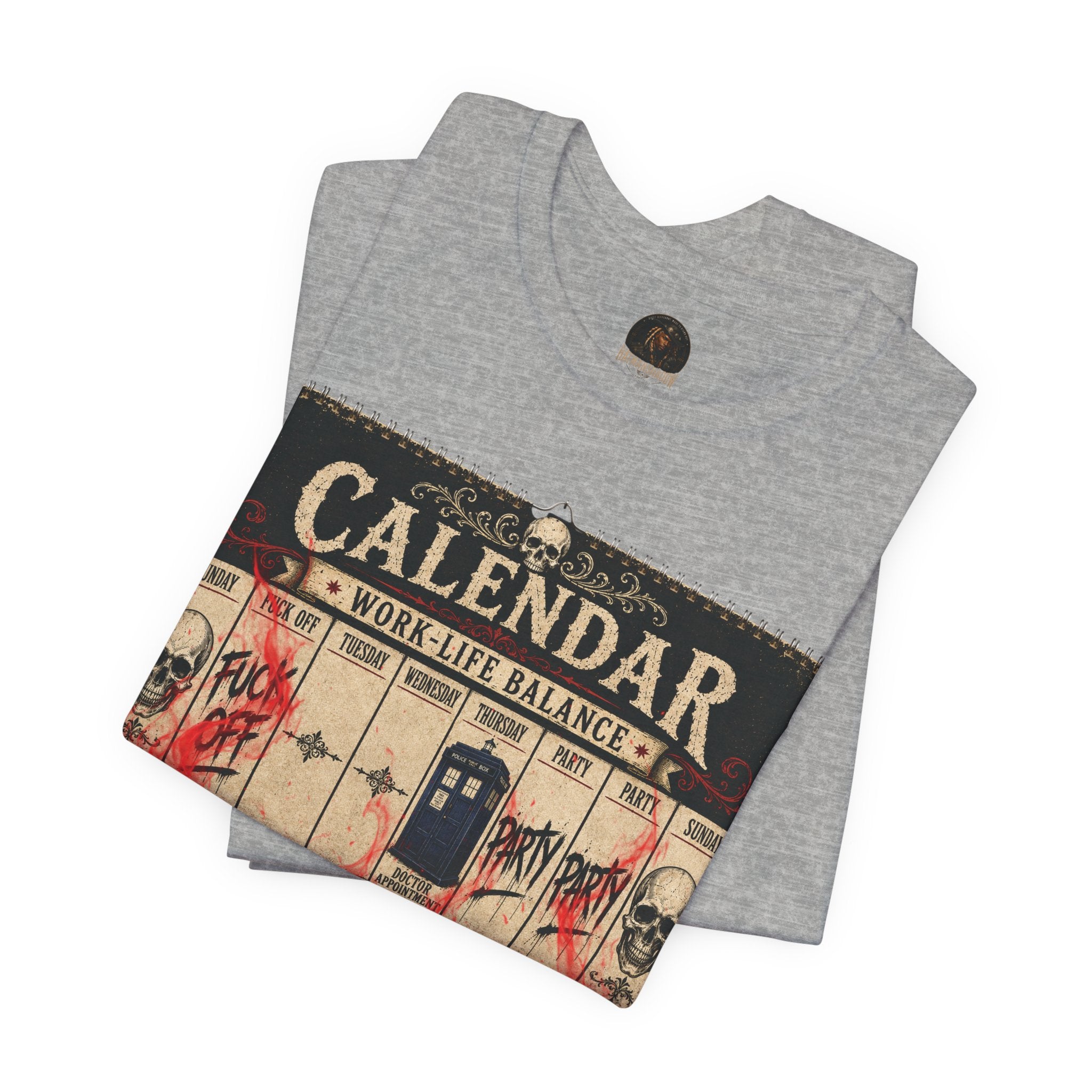 Work-Life Balance Calendar T-Shirt — Horror Skull Flames Graphic Tee