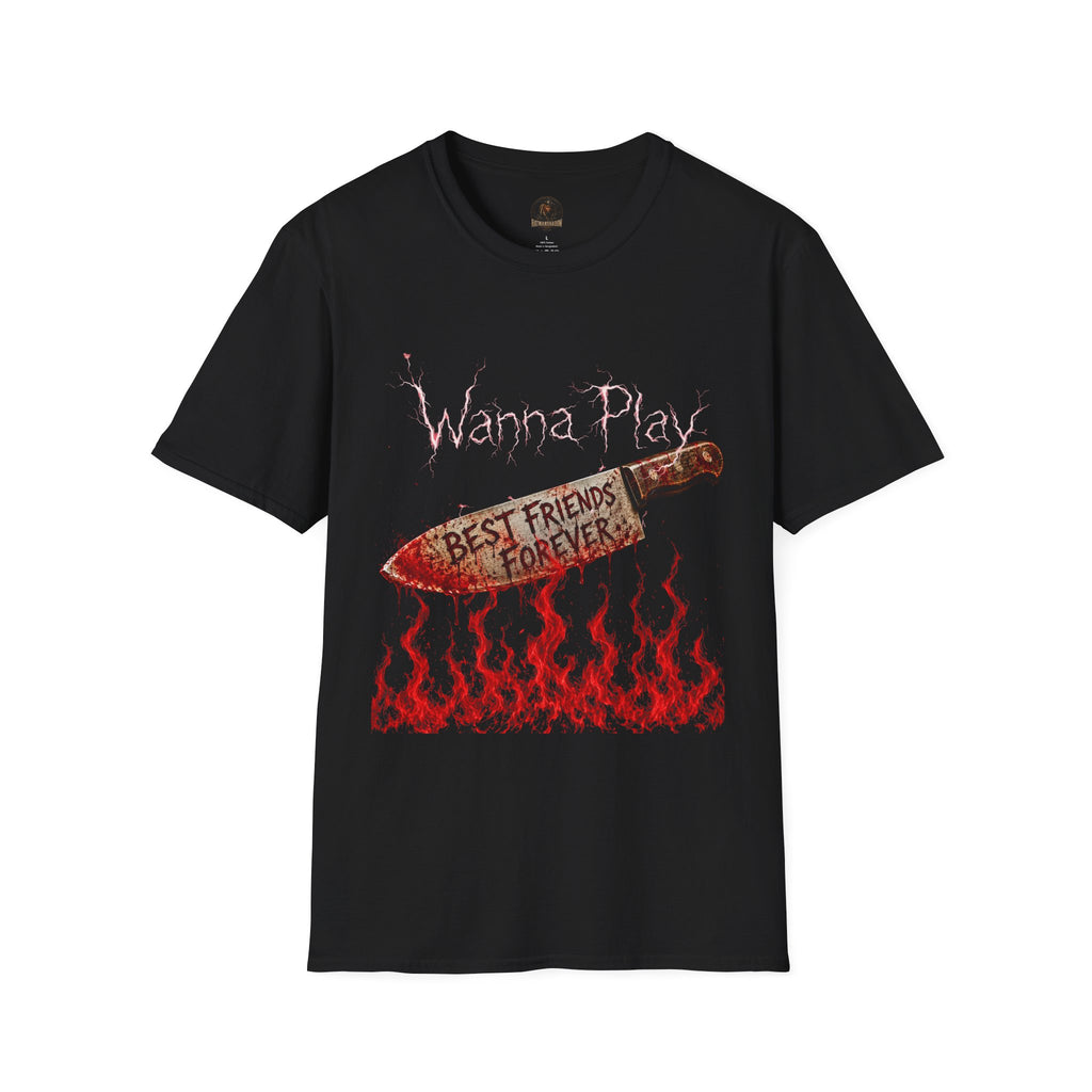 Wanna Play Graphic Tee — Horror “Best Friends Forever” Knife Design