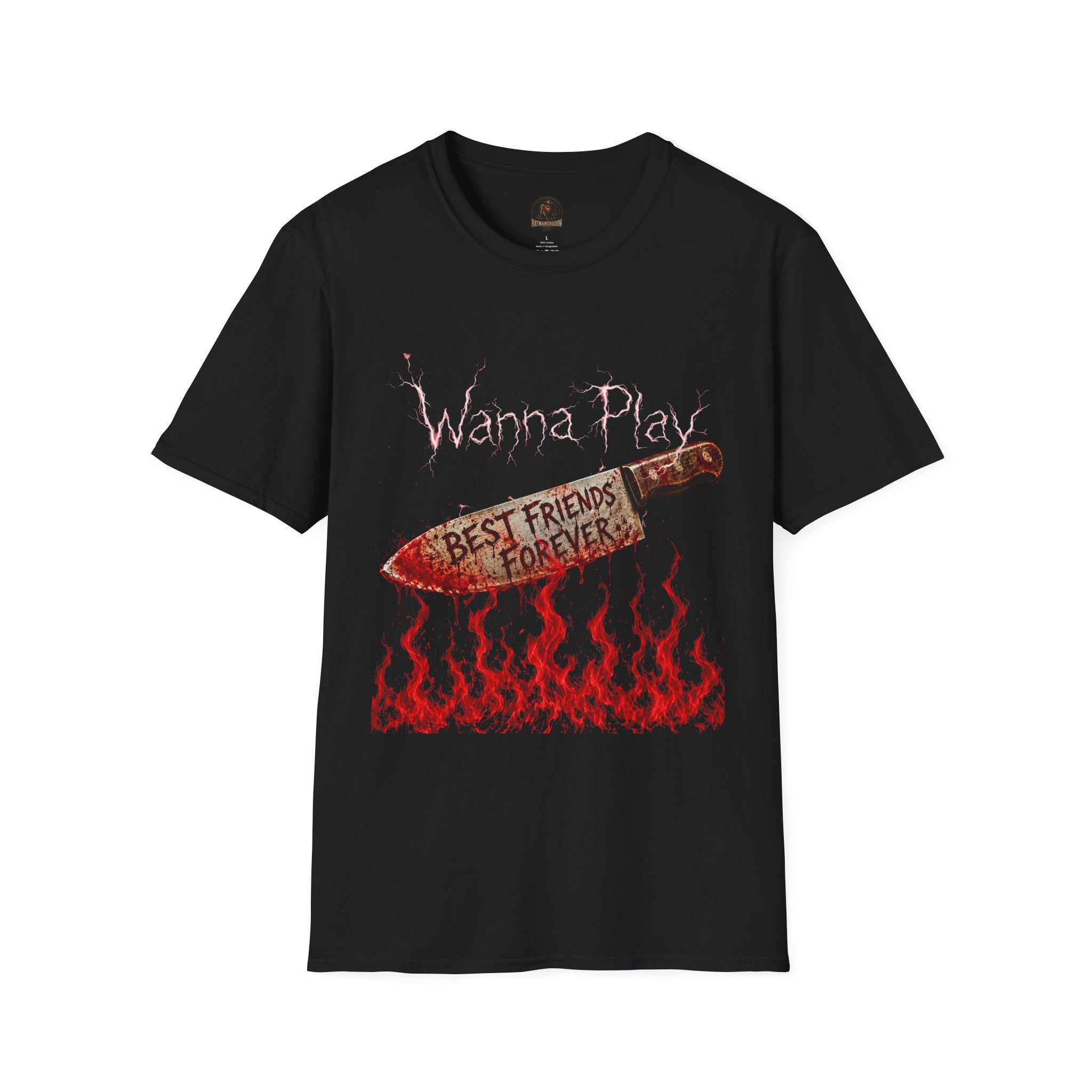 Wanna Play Graphic Tee — Horror “Best Friends Forever” Knife Design