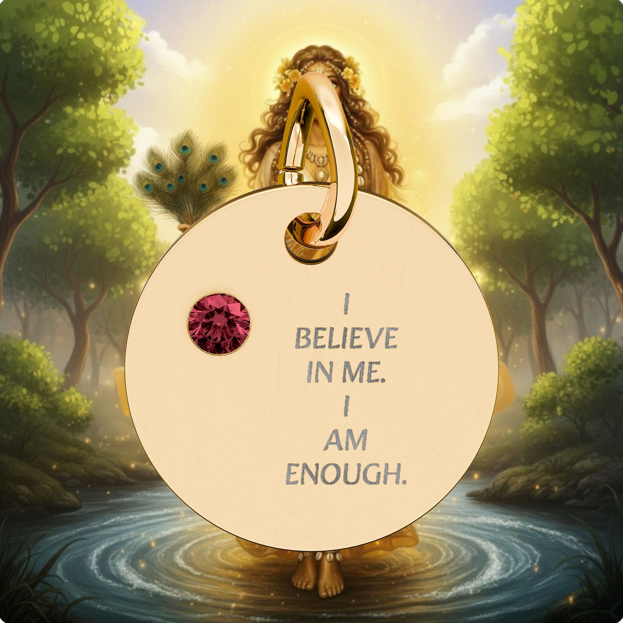 Engraved Birthstone Circle Charm — "I Believe in Me, I Am Enough"