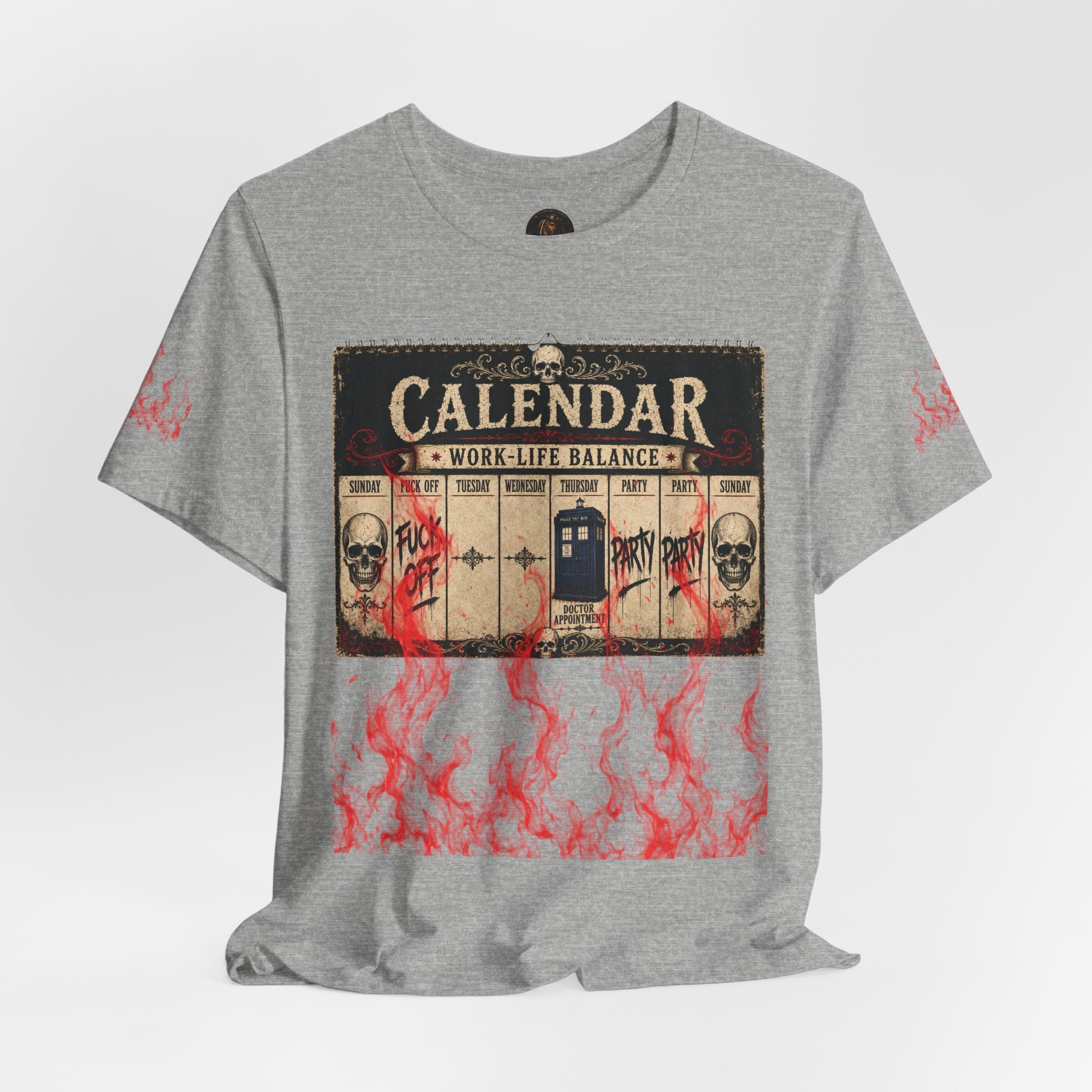 Work-Life Balance Calendar T-Shirt — Horror Skull Flames Graphic Tee